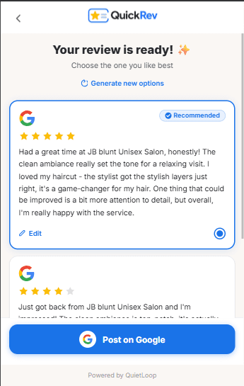 QuickRev generated review screen